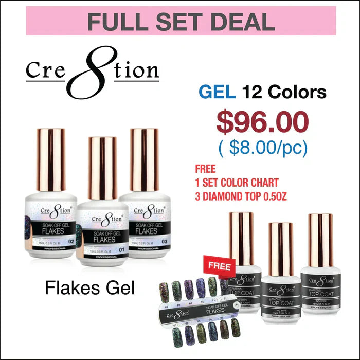 Creation Flakes Gel 0.5oz - Full Set 12 colors w/ 3 Top Diamond 0.5oz & 1 set Color Chart