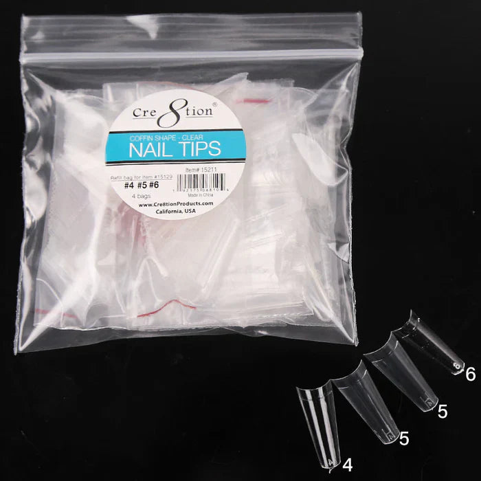 Creation Shape Nail Tips - 01 Coffin Refill Bag #4, #5, #5, #6 200 tips/bag Clear