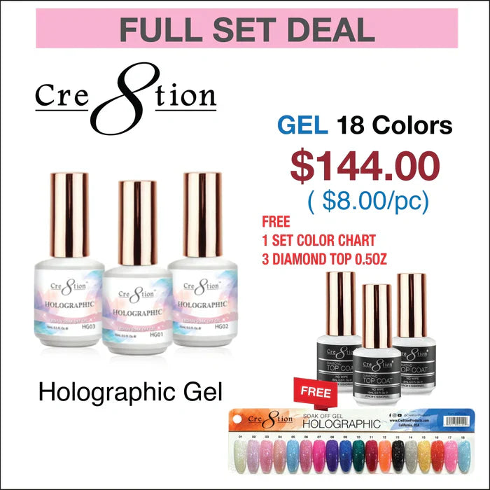 Creation Holographic Gel 0.5oz - Full Set 18 colors w/ 3 Top Diamond 0.5oz & 1 Color Chart