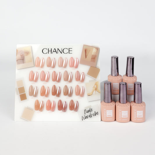 Chance Nude Wardrobe Collection 0.5oz - 18 Colors w/ 1 Counter Display, 3 Chance No Wipe Top Coat 0.5oz & 1 Cre8tion Crystal Chrome Nail Art