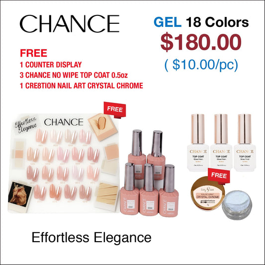 Chance Effortless Elegance Collection 0.5oz - 18 Colors w/ 1 Counter Display, 3 Chance No Wipe Top Coat 0.5oz & 1 Cre8tion Crystal Chrome Nail Art