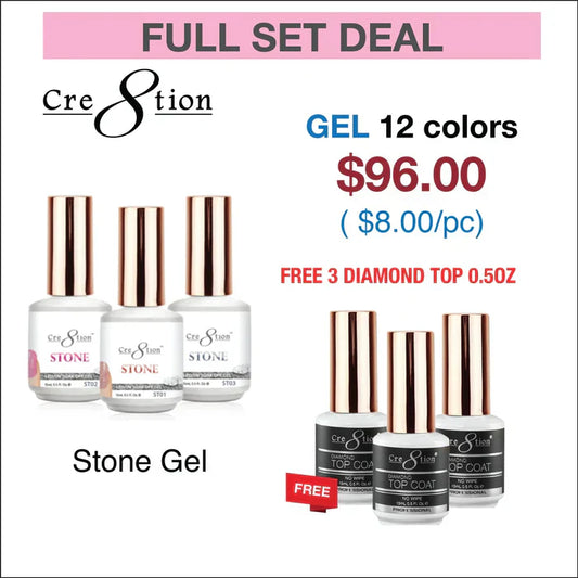 Creation Stone Gel 0.5oz - Full Set 12 colors w/ 3 Top Diamond 0.5oz
