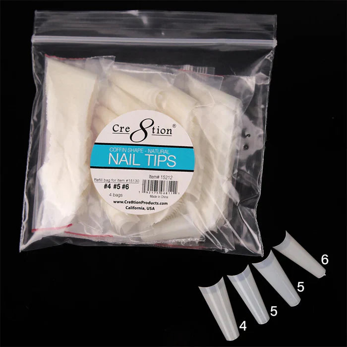 Creation Shape Nail Tips - 01 Coffin Refill Bag #4, #5, #5, #6 200 tips/bag Naturl
