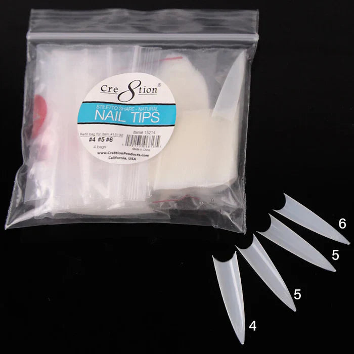 Creation Shape Nail Tips - 02 Stiletto Refill Bag #4, #5, #5, #6 200 tips/bag Natural